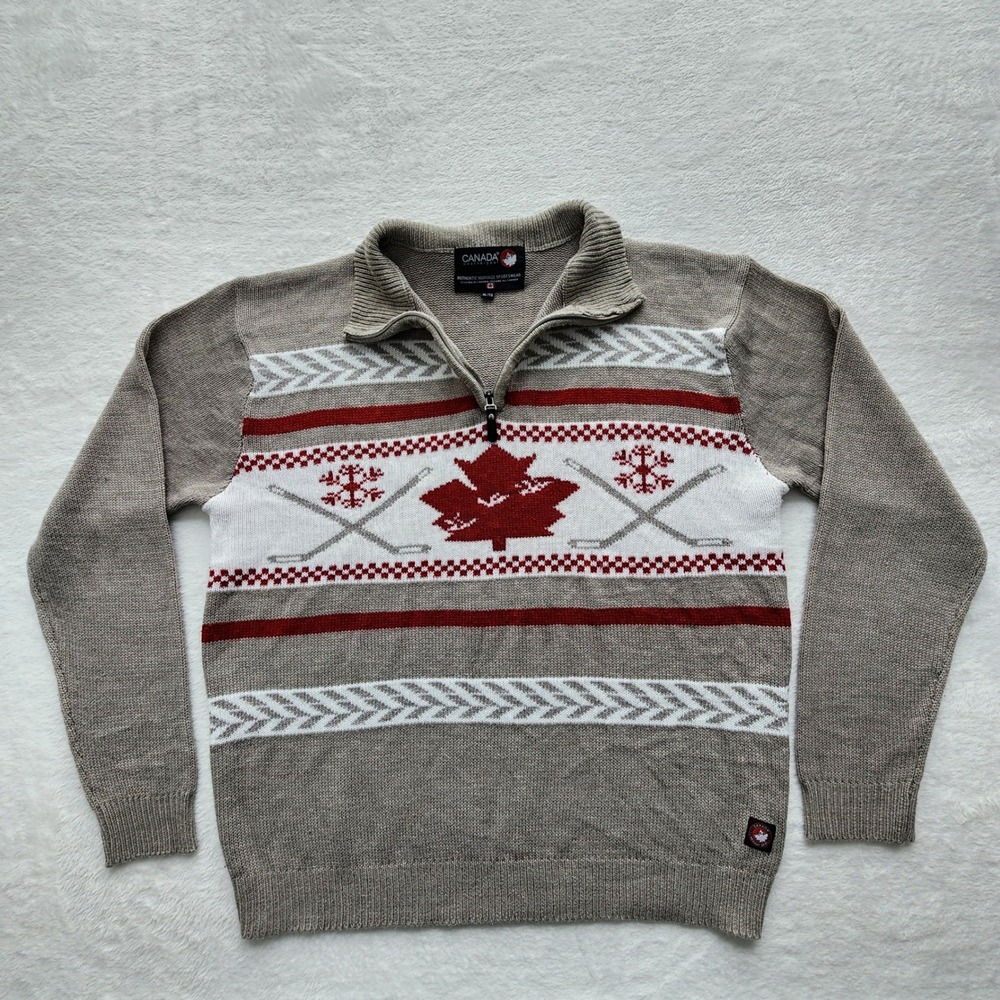 Canada Weather Gear Sweater Mens XL Tan Hockey Maple Leaf Fair Isle Knit Cabin